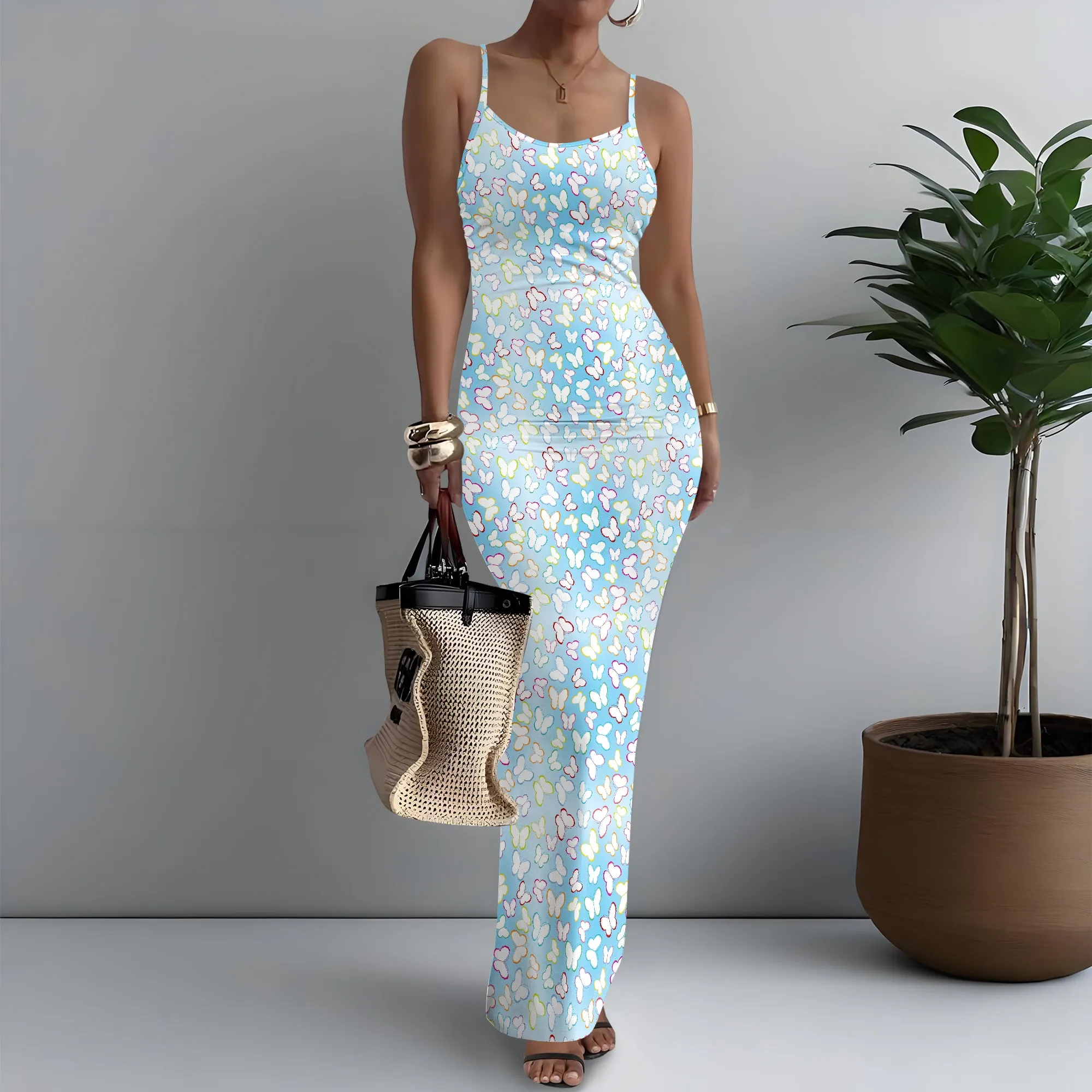

Women's Spaghetti Strap Maxi Dress Tropical Butterfly Print Lively XS-3XL