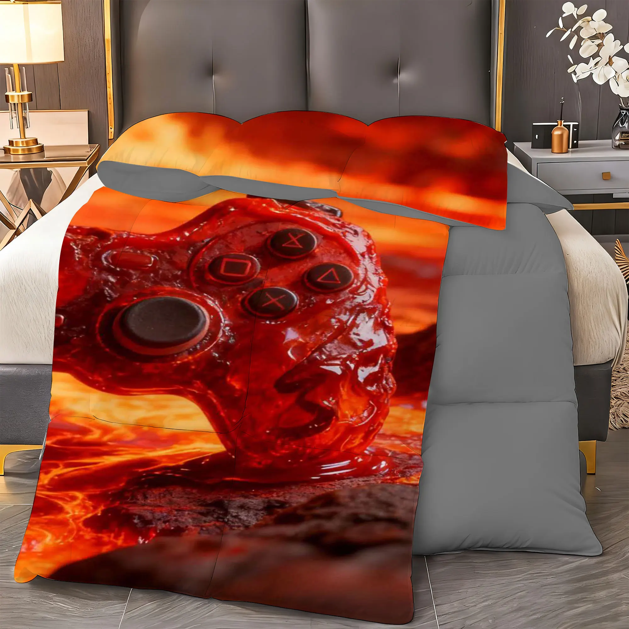 طقم سرير لحاف ألعاب مكون من 3 قطع - قطعة واحدة + 2 قطعة سادات ناعمة قابلة للتنفس للديكور المنزلي (Gamepad 02)