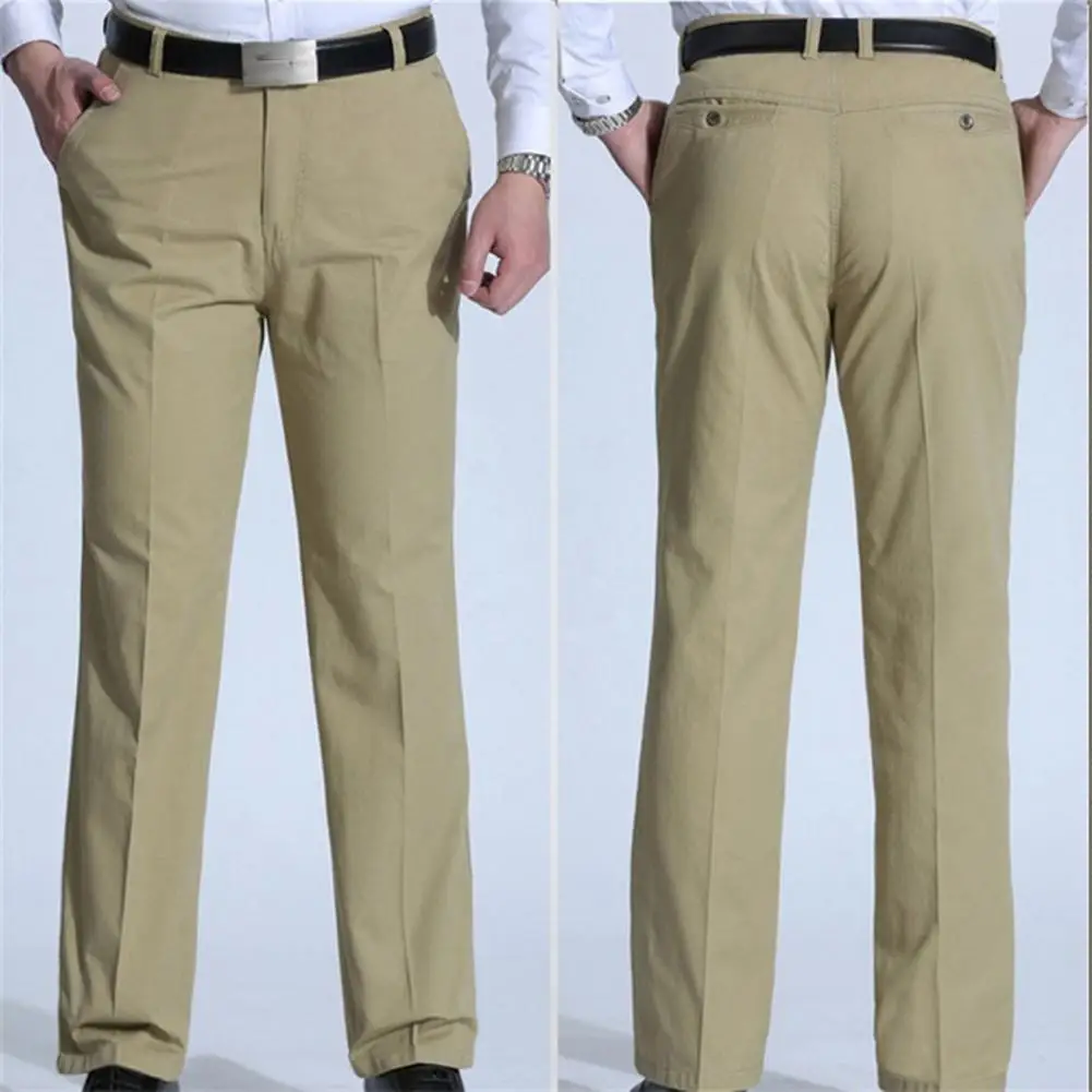 Formal Middle-aged Men Trousers Solid Color High Waist Spring Summer Stretchy Full Length Pants for Business Office Work Daily