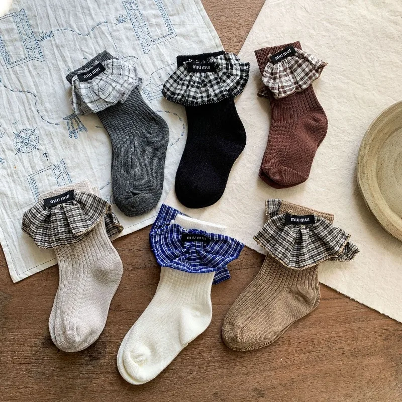 

Kids Girl Vintage Plaid Ruffle Trim Crew Socks Multi-Color Cute Fashion Socks Comfortable Casual Street Style Daily Wear F1023