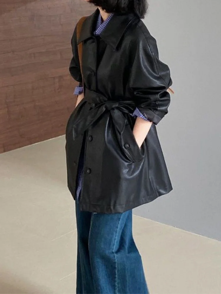 

Женское кожаное пальто Bla ort Jaet, свободное длинное пальто с откидным воротником в американском стиле, осень Faion 2025 г.