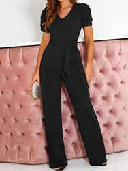 Women's Solid Color V Neck Jumpsuit, ElegantFashion Casual Jumpsuit for Daily Outdoor WearWomen Jumpsuits for Spring