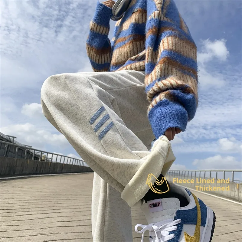 

ay Fce Lined Straight Leg Men's Sweatpants Winter Thiened Warm Casual Trousers American High Street Sle Sport Pants