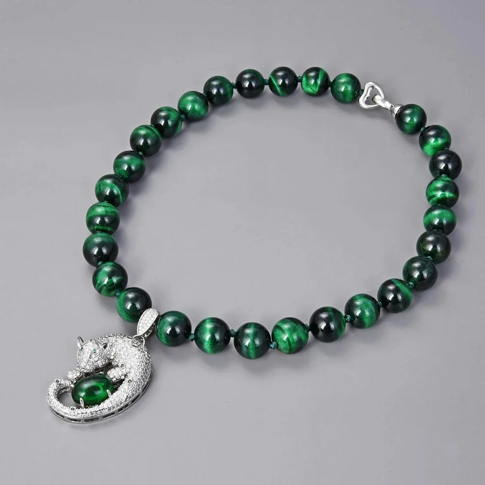 

14mm Round Green tigers eye CZ Pave Necklace Pendant 18''