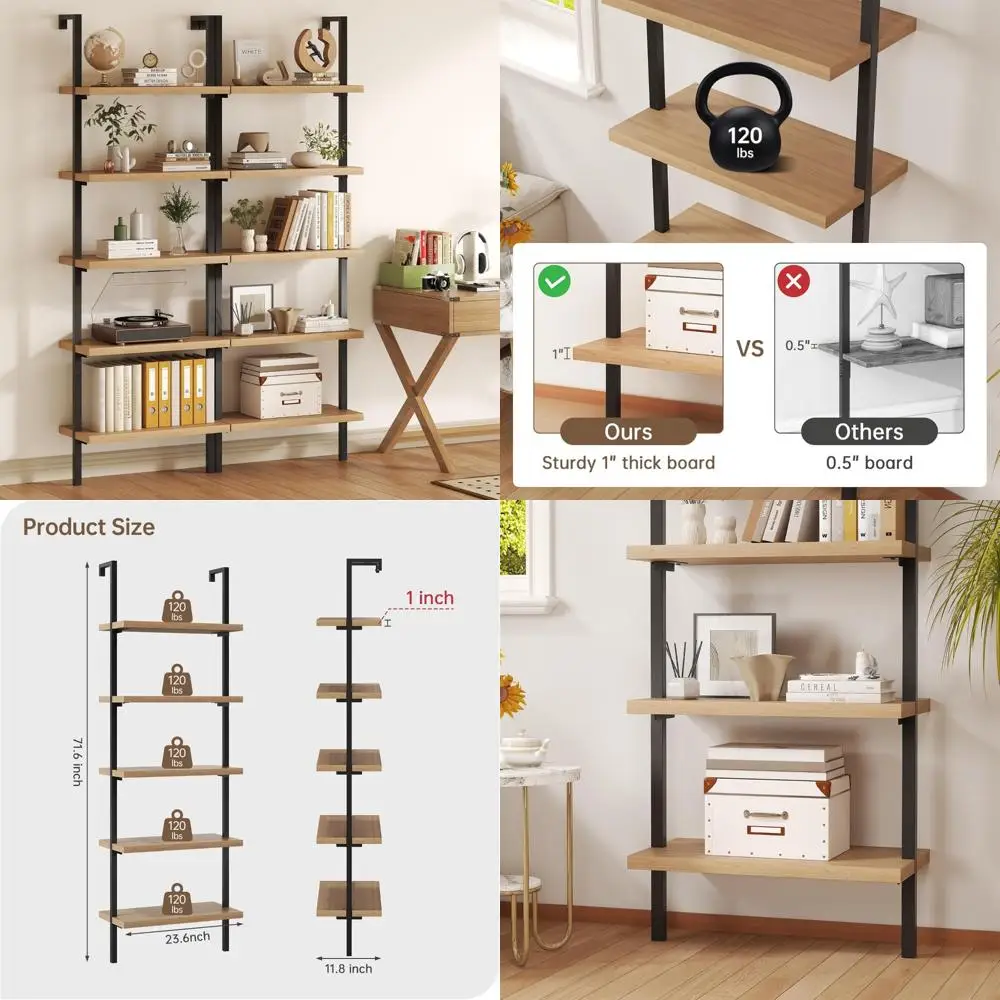 Metal Frame 5-Tier Wall-Mounted Bookshelf, Tall Ladder Style Bookcase for Living Room, Anti-Tip Design
