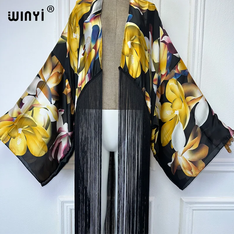 WINYI kimono cover-up new summer boho print Bikini Cover-up Elegant fashion Cardigan sexy Holiday long Sleeve tassels maxi dress