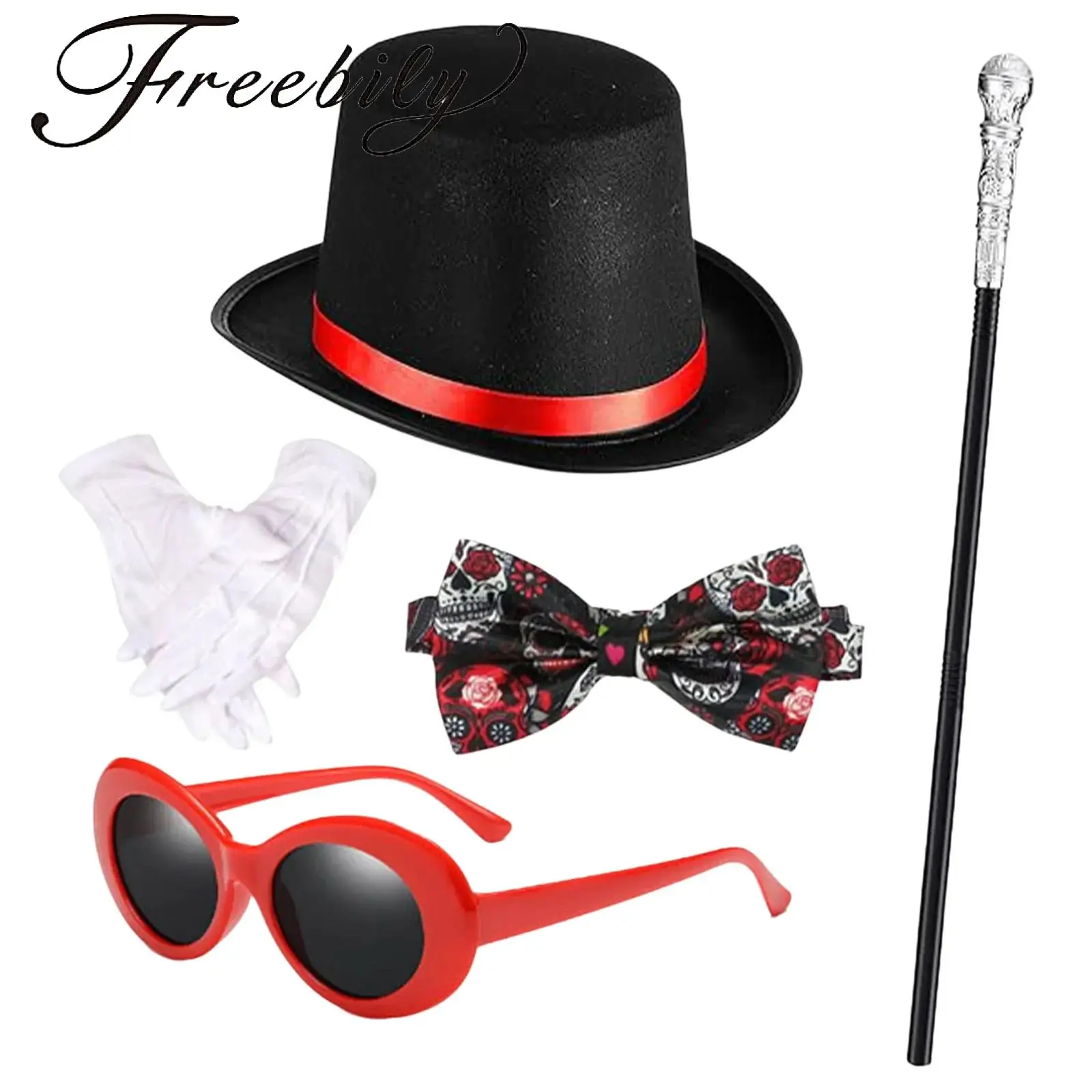 

Набор из 5 предметов для костюма волшебника для мужчин: фрак, перчатки, палочка с черепом, солнцезащитные очки и галстук-бабочка для Хэллоуина