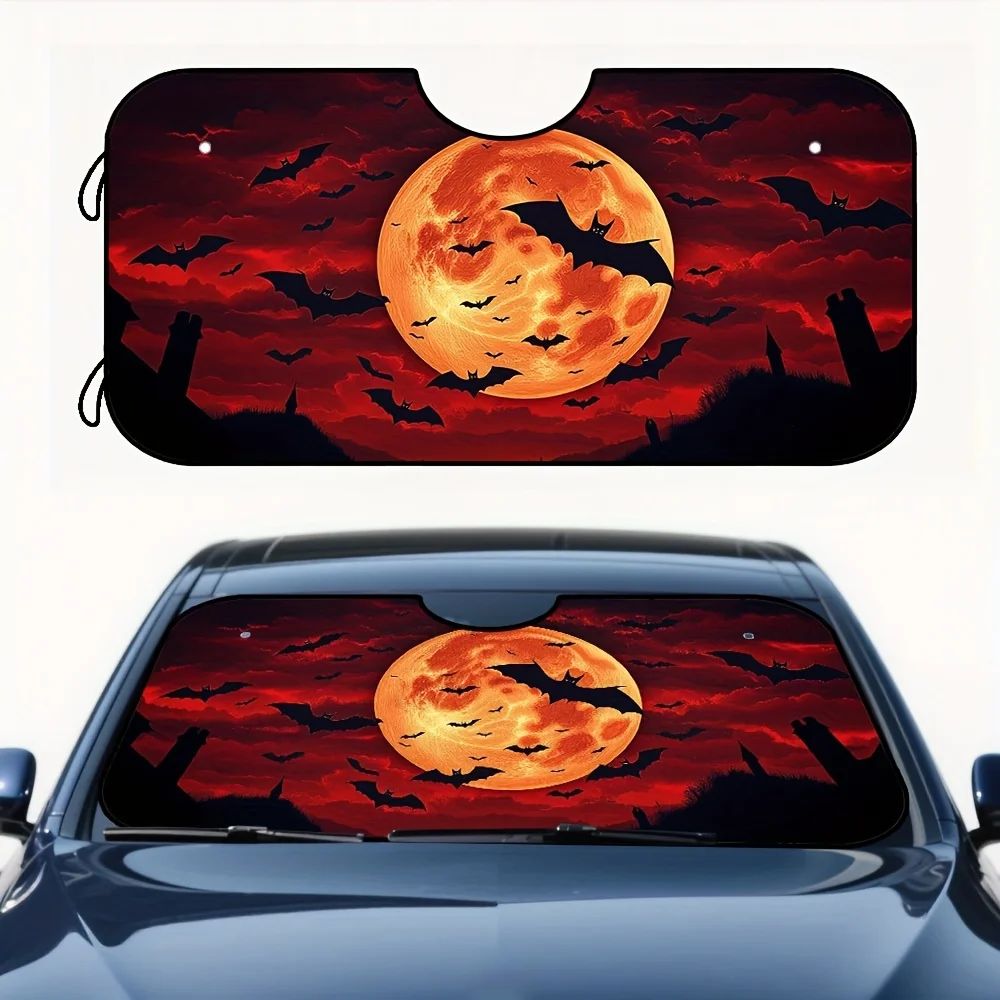 1pc Halloween Gothic Bats & Full Moon Car Sunshade - Foldable Windshield Visor With Vibrant Night Sky Art Print, Fits SUVs & Com