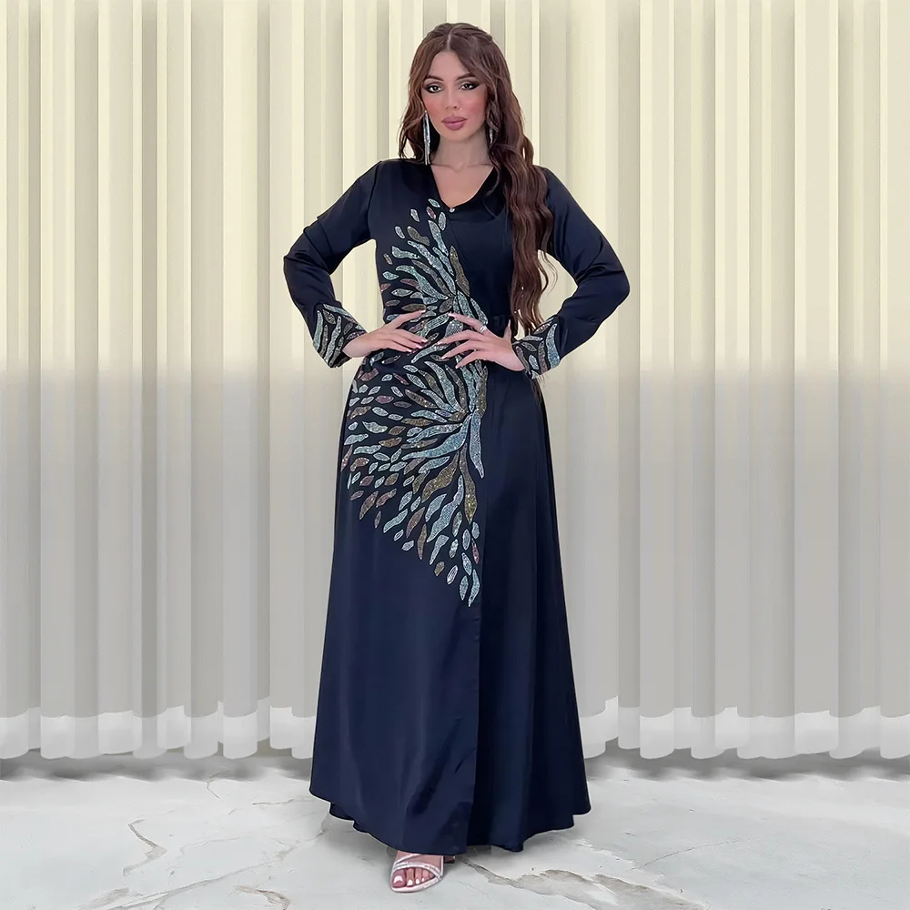 

Xqy500177 Fashionable Diamond-embellished Satin Evening Dress, Open-front Gown Robe Abaya Ramadan Dubai Luxury Islam Elegant