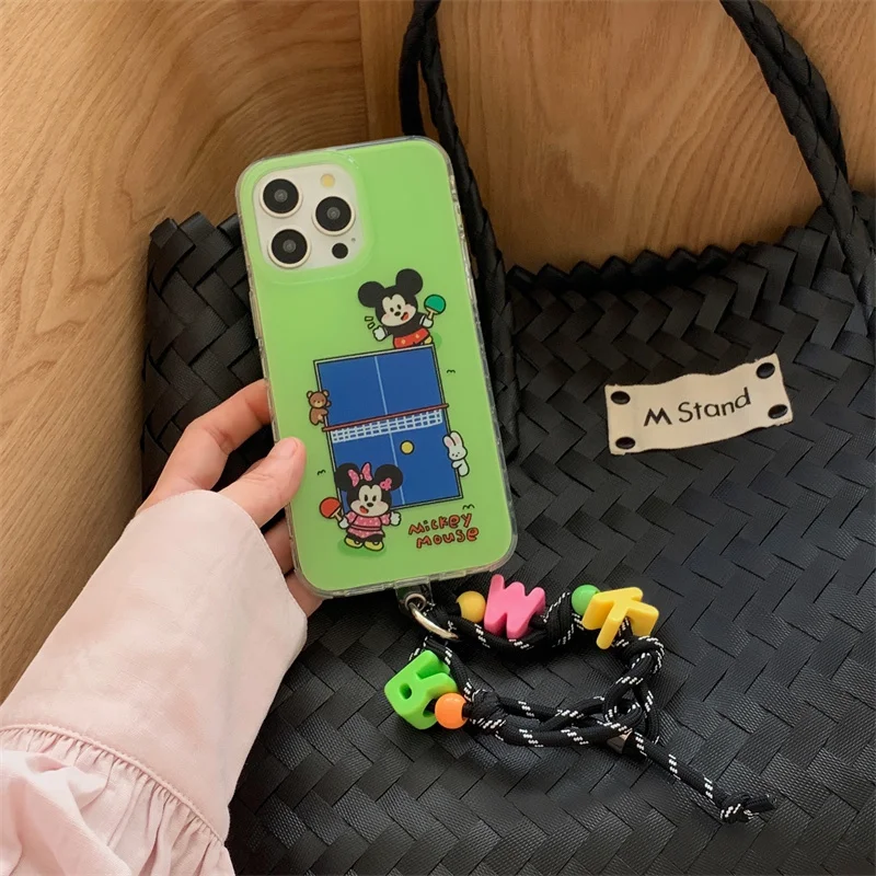 Capa para desenhos animados Cute Mickey and Minnie para iPhone, Ténis de mesa, Lucky Letters, cordão para iPhone 12, 13, 14, 15, 16 Pro Max, Y2K