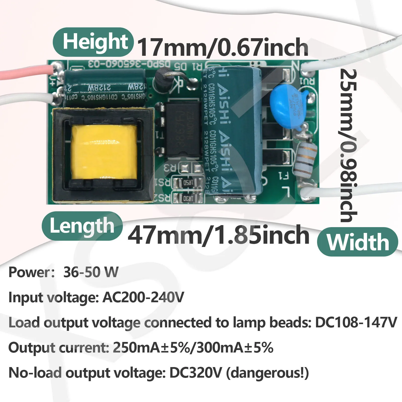 36-50W LED Driver Light 220V tensione di uscita DC108-147V adattatore di alimentazione 250mA 300mA per accessori di illuminazione LED Spotlight