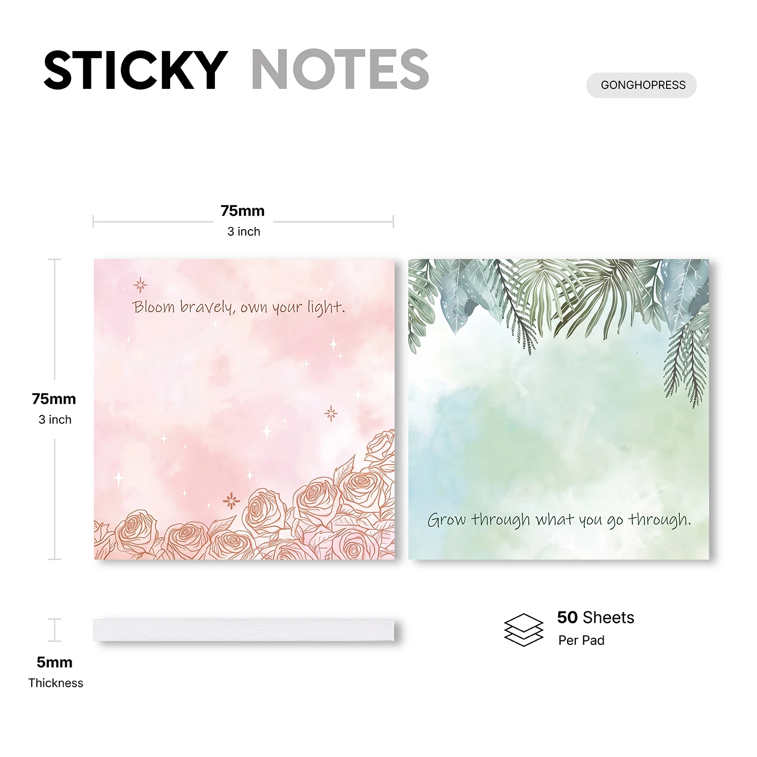 2pcs Inspirational Floral Sticky Notes Set, Rose Botanical Quote Self Stick Memo Pads, 100 Sheets Total, Aesthetic Flower Notepa