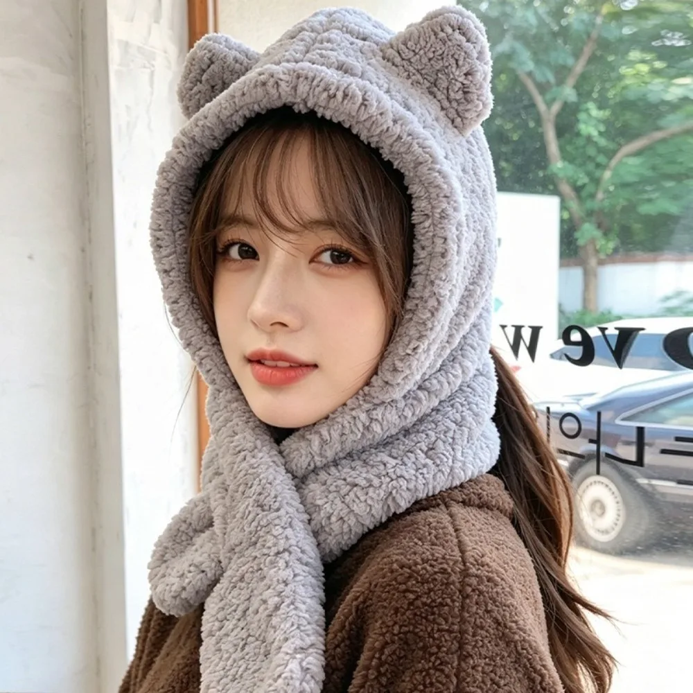 Cute Winter Bear Ear Hooded Scarf Warm Fleece Neck Warmer Hat Ear Protection Casual 2-in-1 Cap Scarf Set for Women