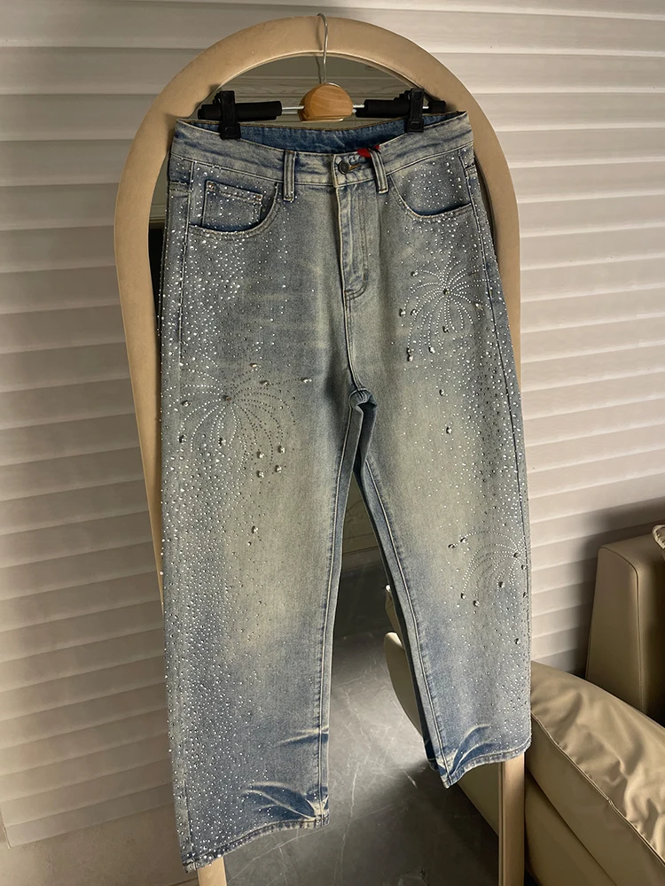 Fashion Hot Diamond Full Diamond Flash Chic Jeans Men Women 2025 Summer New Trendy Niche Design Loose Straight Wide Leg Trousers