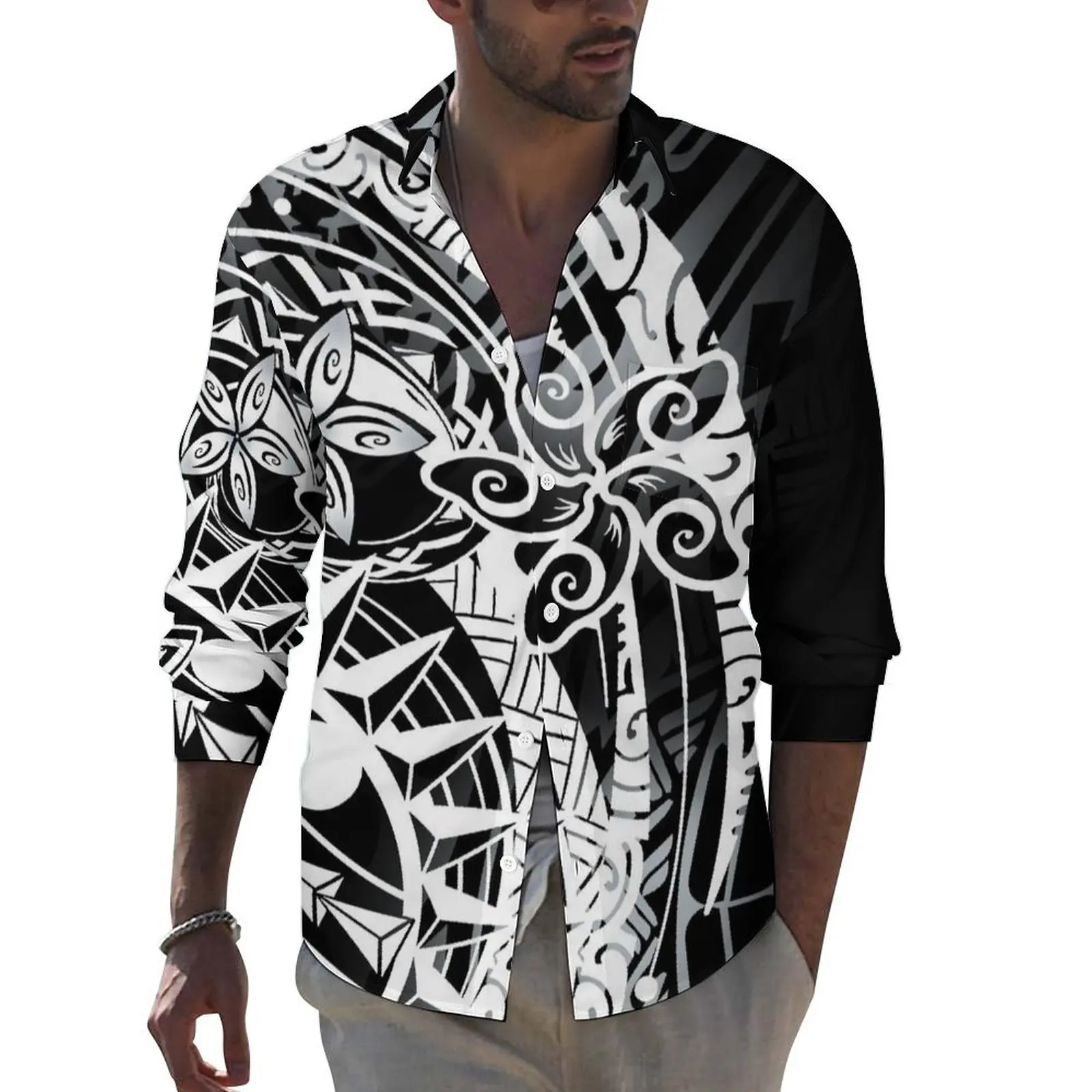 

Aloha Hawaii Men's Long Sleeve Shirt Summer Fiji Men's Turn-Down Collar Shirt Polynesian Tribal Ethnic Menswear