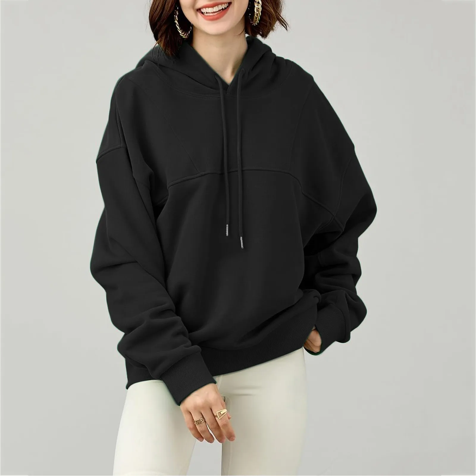 

Женские толстовки большого размера, толстовка с капюшоном, зимняя толстовка с V-образным вырезом и длинным рукавом, однотонный Универсальный пуловер, женская одежда