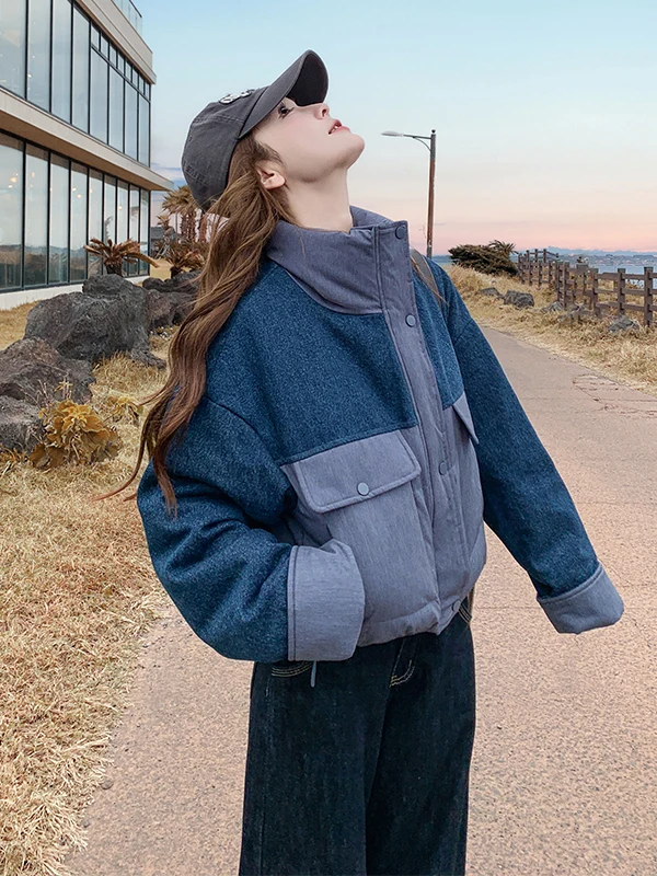 여성용 오르트 퍼퍼 재킷 화이트 듀 다운 스탠드 칼라 컬러 블록 디자인 겨울 따뜻한 아우터웨어 출퇴근용 루즈핏