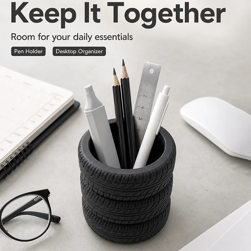 Creative Tire-Shaped Pen Holder Desktop Organizer for Students Stationery Makeup Brush Storage Decorative Home Accessory