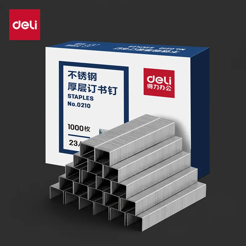 Deli 0210 23/10 stainless steel thick layer staples easy to penetrate staples 1000 single box can book 60 pages