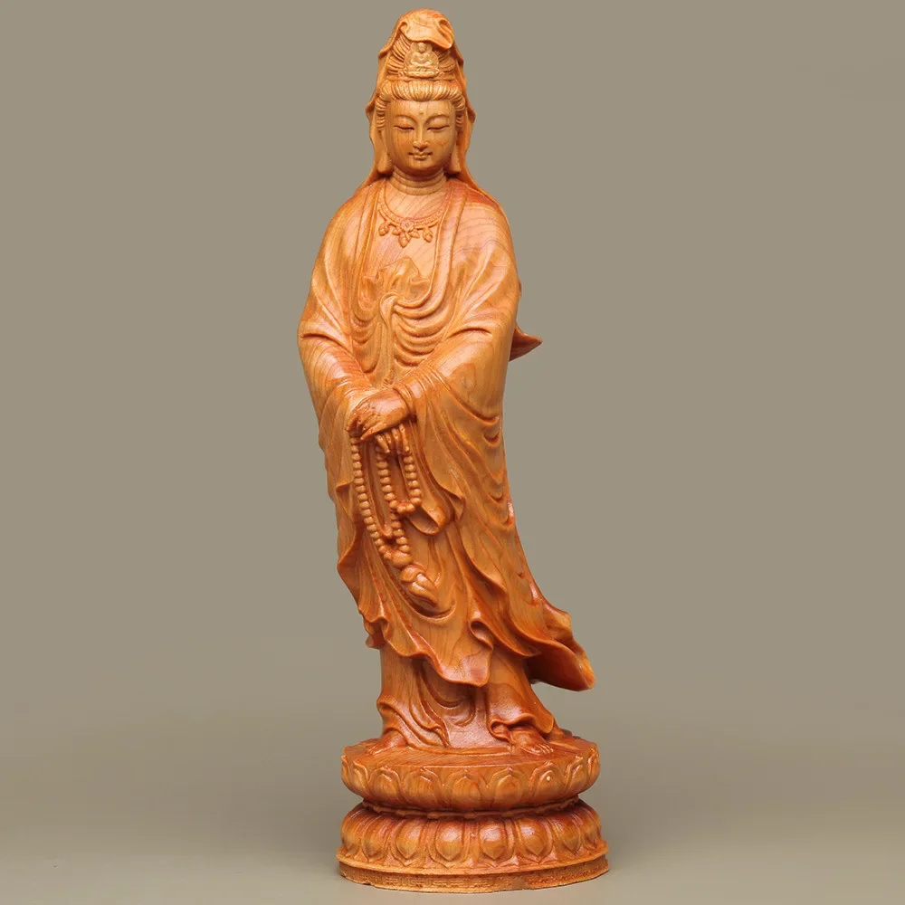 Hand-carved wooden figure of Guanyin with prayer beads for home decoration Miniature yellowwood and cliff cypress wood figurine