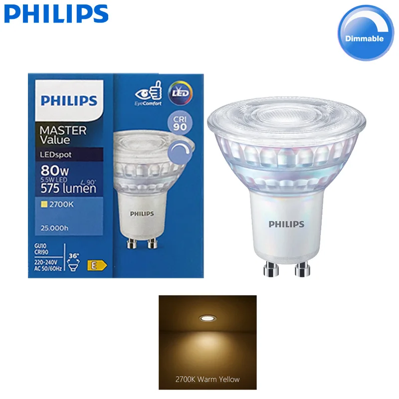 Philips MASTER GU10 PAR16 Dimmable LED Spot Light 5.5W Replace 80W Halogen 220-240V 2700K White