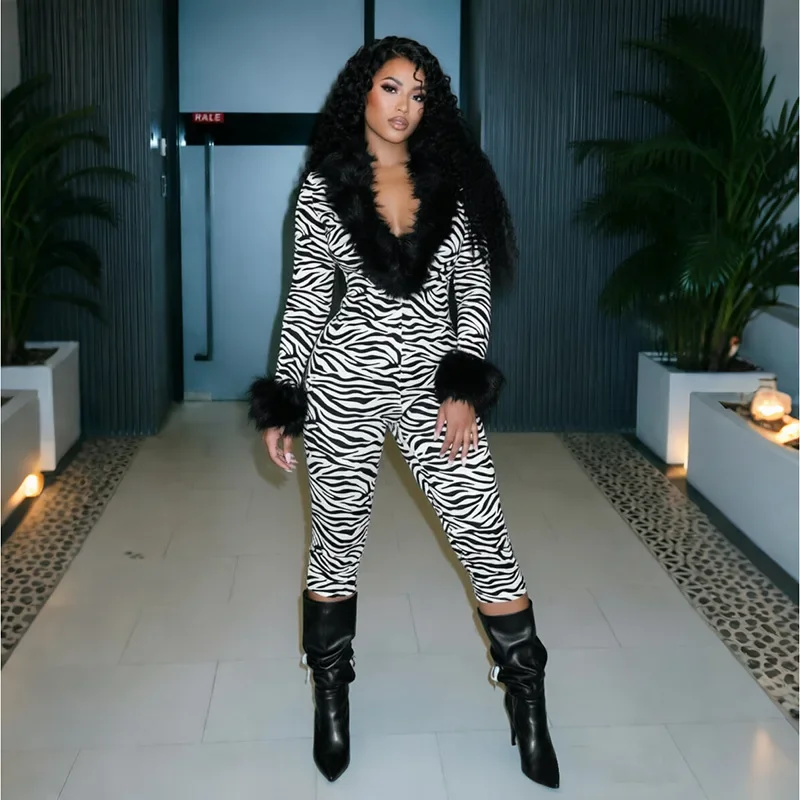 Zebra Stripes Print Faux Fur Patchwork Skinny Calf Length Jumpsuits Women Sexy V-neck Full Sleeve Booty Lifting Slim Overalls