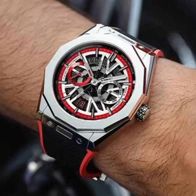 BONEST GATTI Men Automatic Watch 42mm Mechanical Wristwatch Waterproof Sapphire Luminous Skeleton Dial Month Week Date FKM Strap