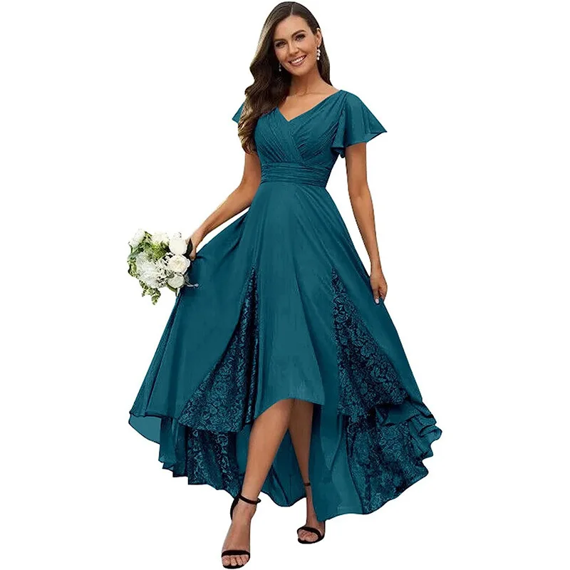 

Tea Length V Neck Mother of The Bride Dresses for Wedding Lace Ruffle Sleeves Chiffon Ruched Bridesmaid Formal Guest Dress
