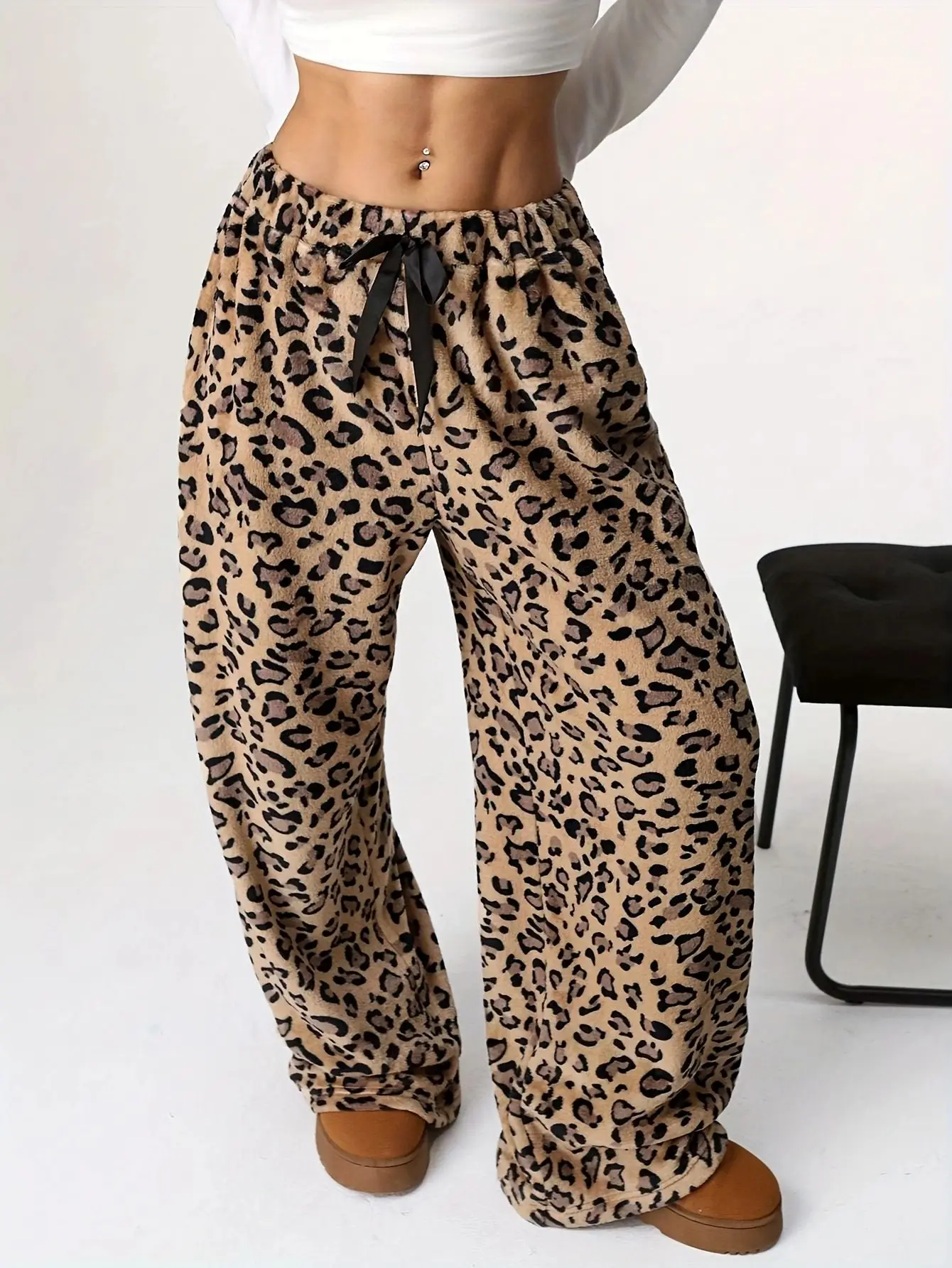 Women's Autumn and Winter Fashionable Leopard Print Drawstring Tie Comfortable Loose Casual Wide Leg Pants