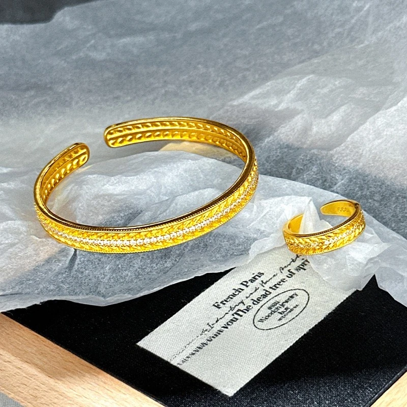 

Sparkling K18 Gold Color Diamond Wheat Ear Texture Bracelet Ring or Women Lover Valentine's Day Birthday Jewelry Sets Gifts