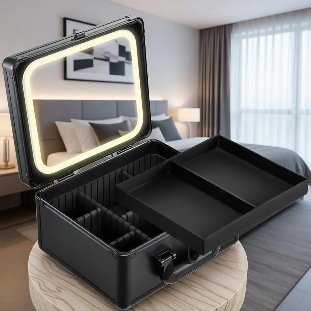 

Портативный кейс для макияжа со светодиодной подсветкой, регулируемым органайзером и замком для путешествий