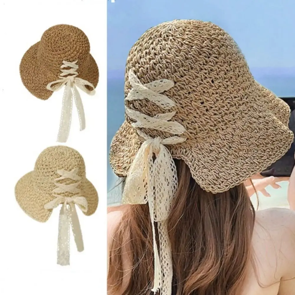 

Fashion Summer Foldable Sunshade Hat Lace Bow Breathable Sun Hats Wide Brim Bucket Caps UV Protection Beach Cap Ladies
