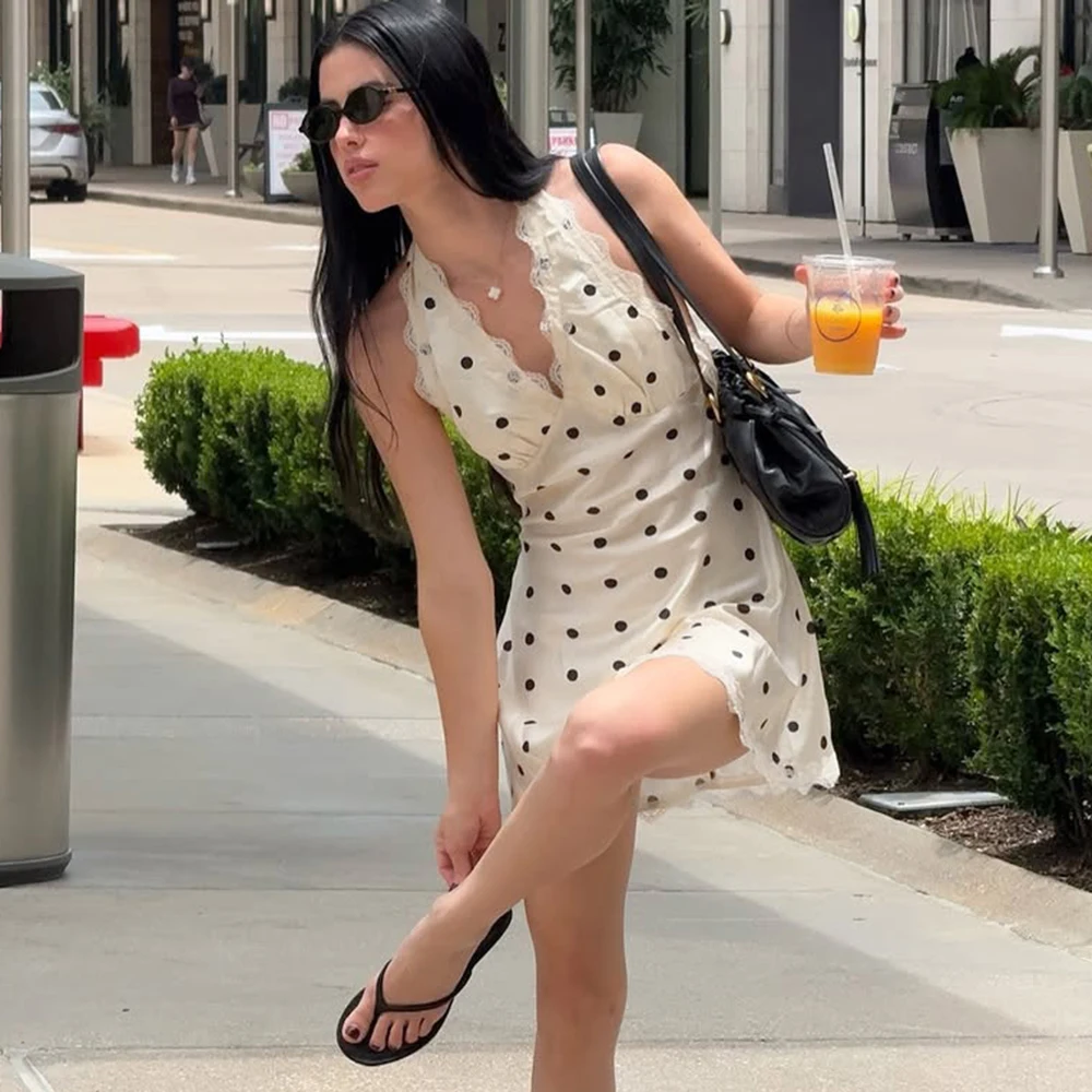 Tuularose cetim bolinhas mini vestido feminino robe verão novo laço halter profundo decote em v sem mangas sem costas praia clube vestido sexy