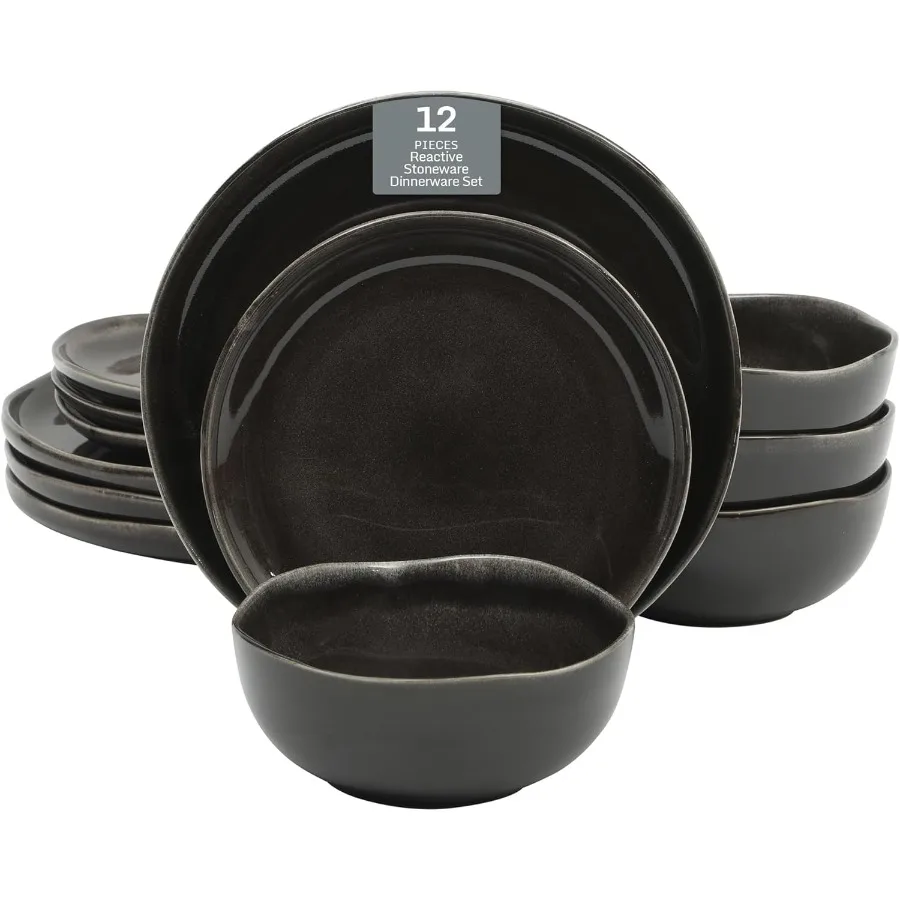 

Nardini 12 Piece Service for 4 Plates and Bowls Reactive Glaze Dishes Stoneware Ceramic Dinnerware Set Black for Modern Dining