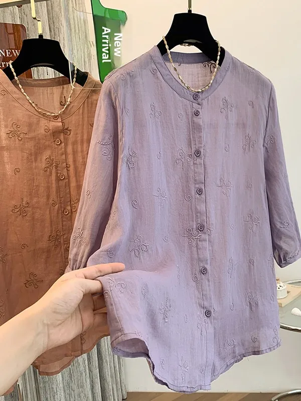 ريترو مطرز القطن الكتان اللون فضفاض عادية irt المرأة حجم كبير سبعة أرباع Sve زر الوقوف طوق مفتوح...