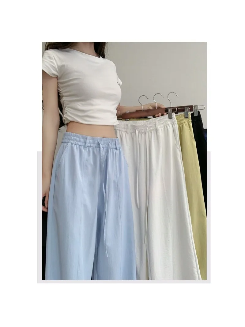 

2025 Korean Simple White Straight Leg Pants Women Summer Thin New Loose High Waist mid Line Wide Leg Pants Casual Trousers