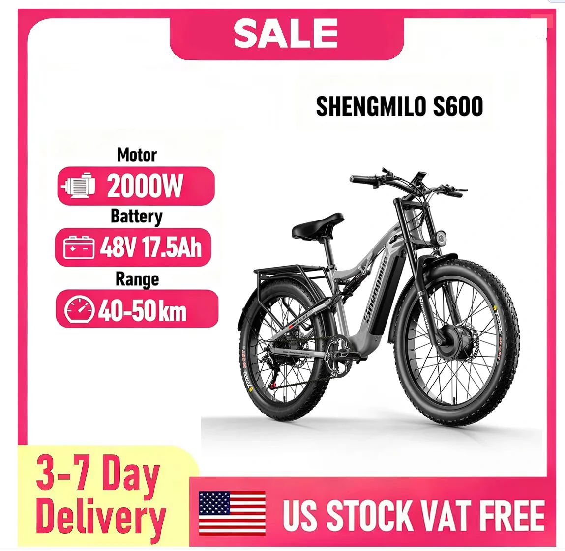 

SHENGMILO S600 26" Electric Mountain Bike 2000W Dual Motor 48V 17.5Ah Battery