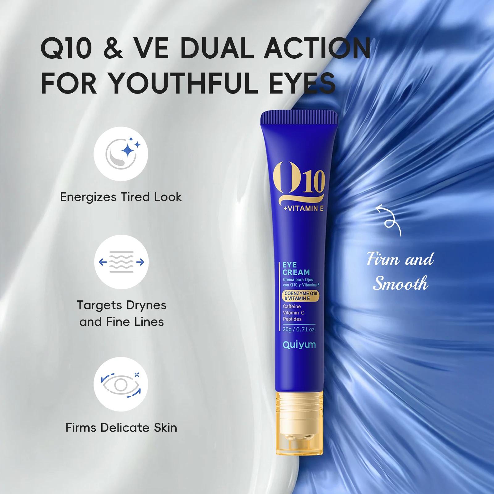 Quiyum Q10 & Vitamin E Eye Cream 20g Nourish Skin Firm & Smooth with Triple Roller, Caffeine & Peptides