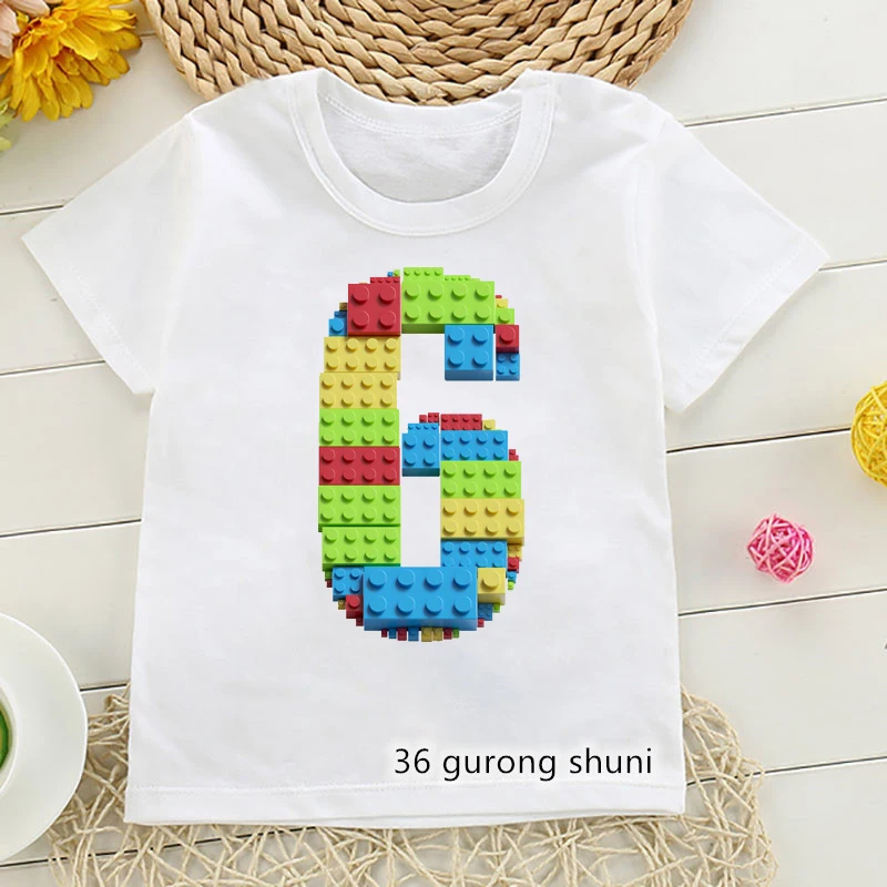 T-Shirt For Boys Building Blocks Birthday Digital Print Tshirt Custom Name Cute Kids Clothes White Tshirt Tops Drop Shipping