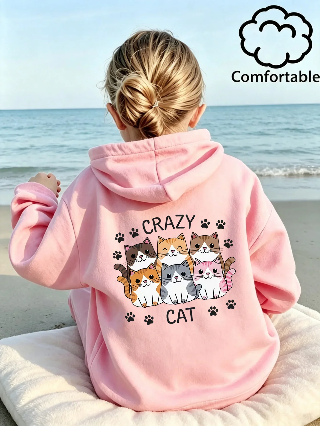 Kids Girls Pink Cute Cat Graphic Printed Hoodie Teen Crazy Cat Paw Print Sweatshirt Loose Back Print Autumn Winter Top