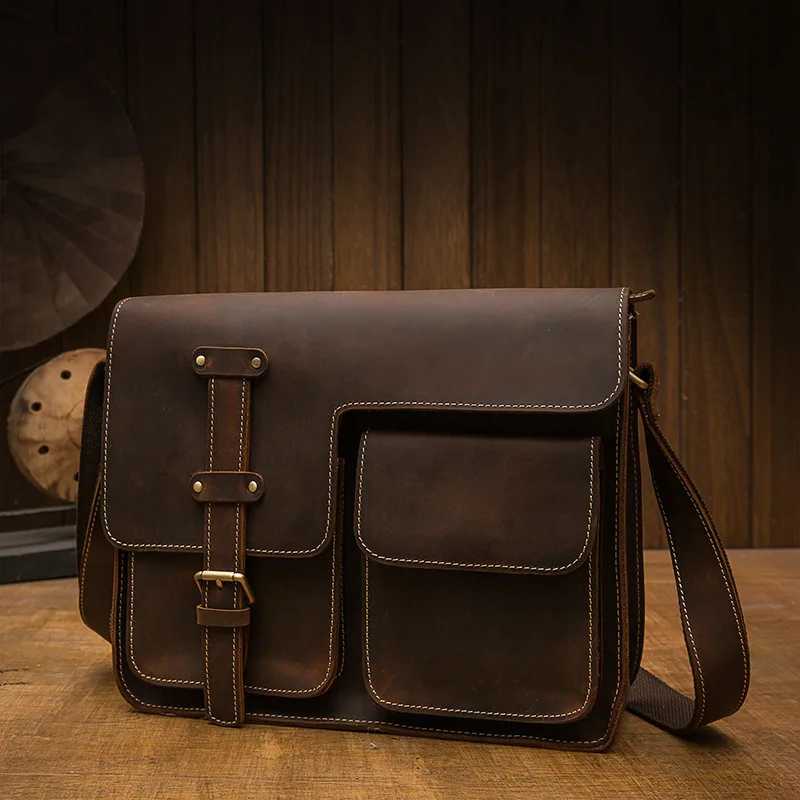 

Handmade cowhide men's shoulder leather casual messenger bag mad horse leather personalized mail carrier locomotive bag retro fa