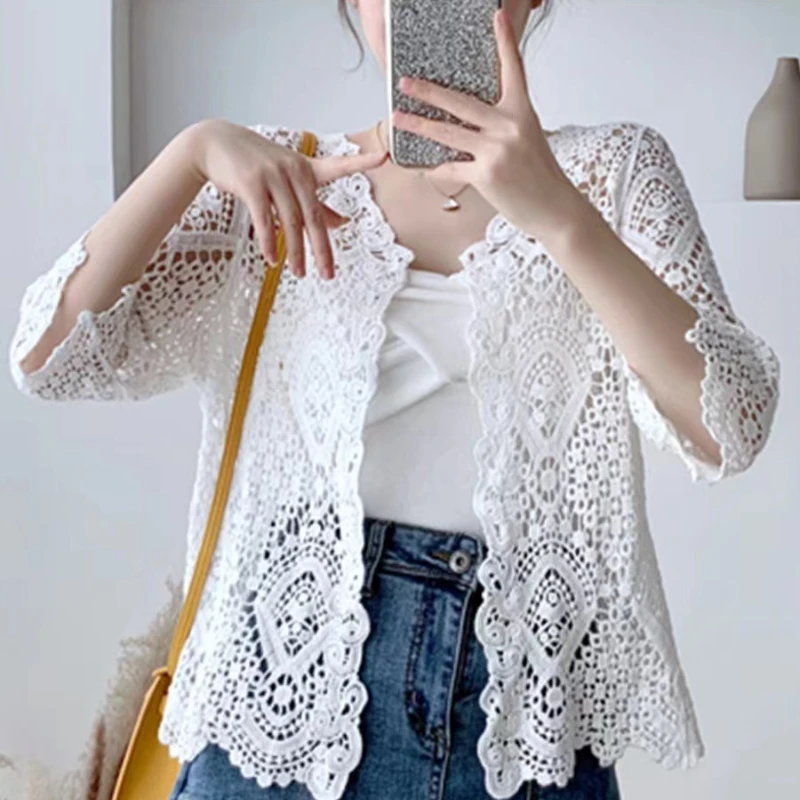 Women Knitted Lace Shrug Boho Hollow Crochet Floral 3/4 Sleeves Open Front Cropped Cardigan Elegant Mesh Sweater Coveup