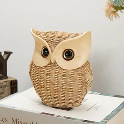 NORTHEUINS Resin Wise Night Owl Biomimetic Rattan Weaving Figurines Animal Statue Retro Art Ornaments Home Interior Decorations