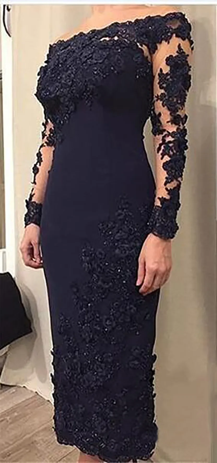 Elegant Formal Short Mother of the Bride Long sleeve strapless long decal knee-length evening dress Wedding guests party dress