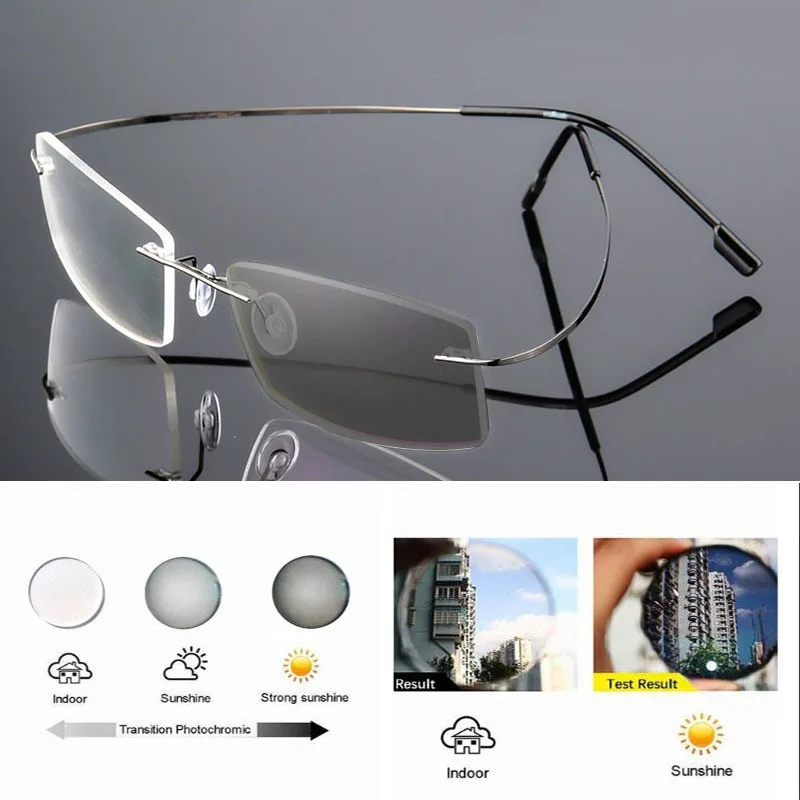Randlose Ultraleichte Photochrome Myopie‑Brille Männer Titanlegierung Geschäftsbrille grau‑veränderliche Linsen – Detail 14