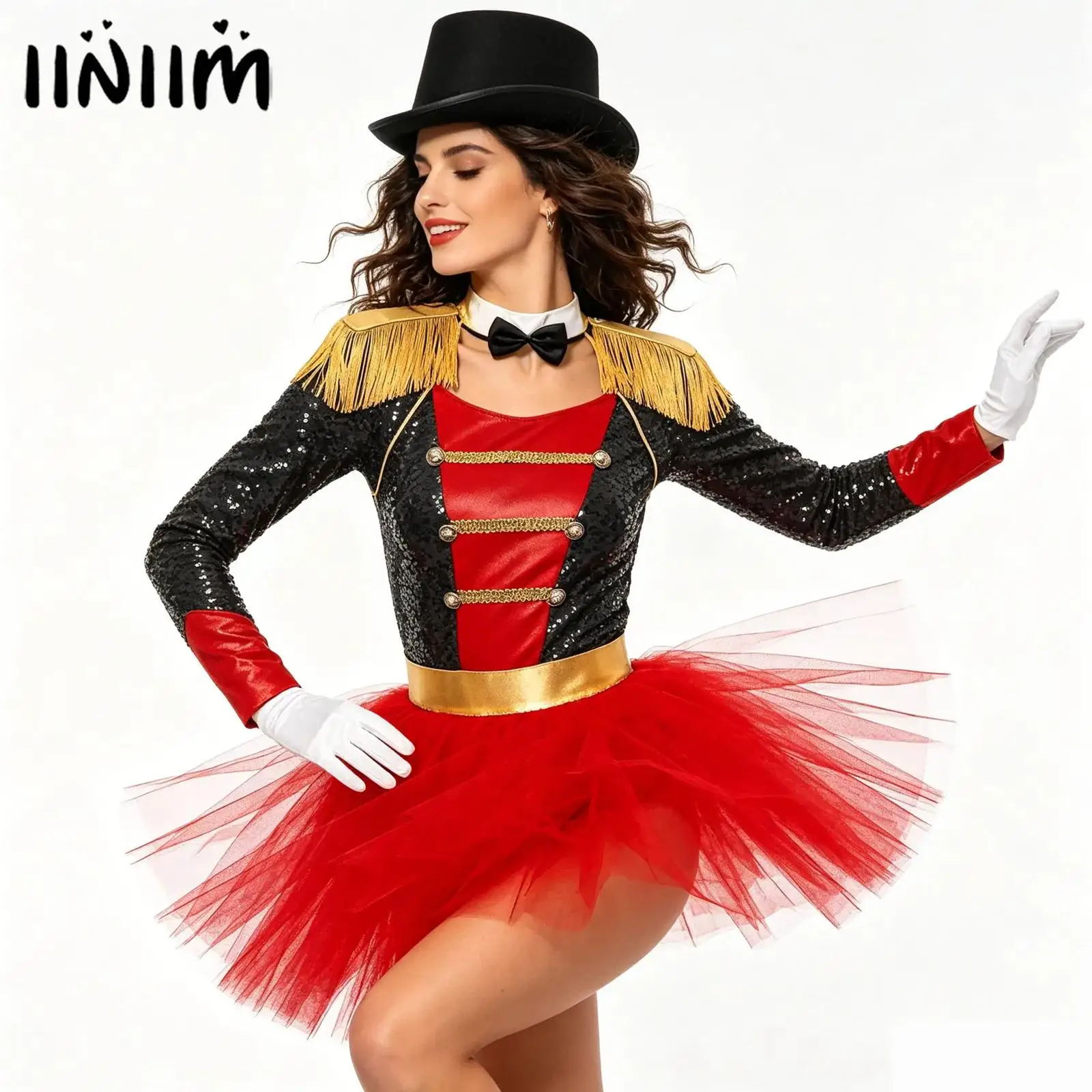 

Womens Circus Ringmaster Carnival Cosplay Costume Set Mock Neck Patchwork Bodysuit with Hat Bow Collar Gloves Performance Outfit