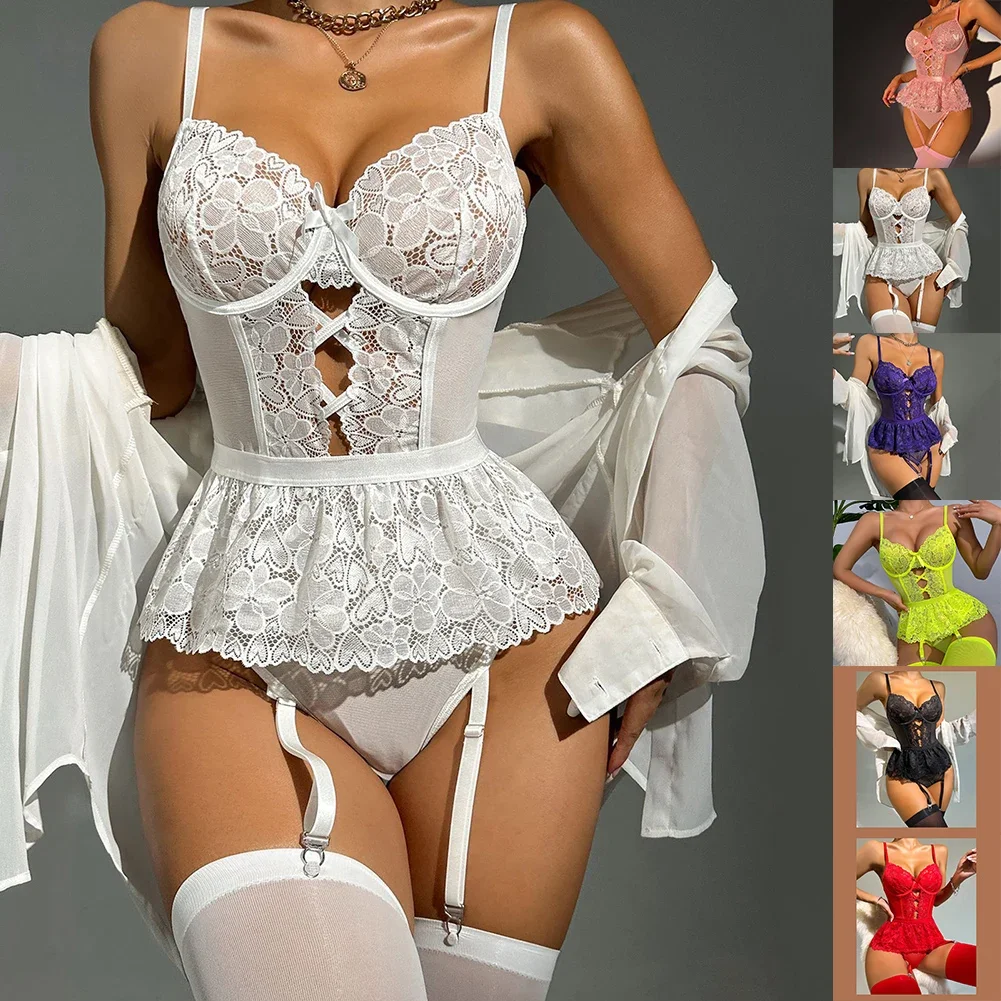 Women Erotic Lingerie Sexy Perspective Lace Suspender Bodysuit Hollow Jumpsuit Garter Belt Stockings Sets Temptation Costumes