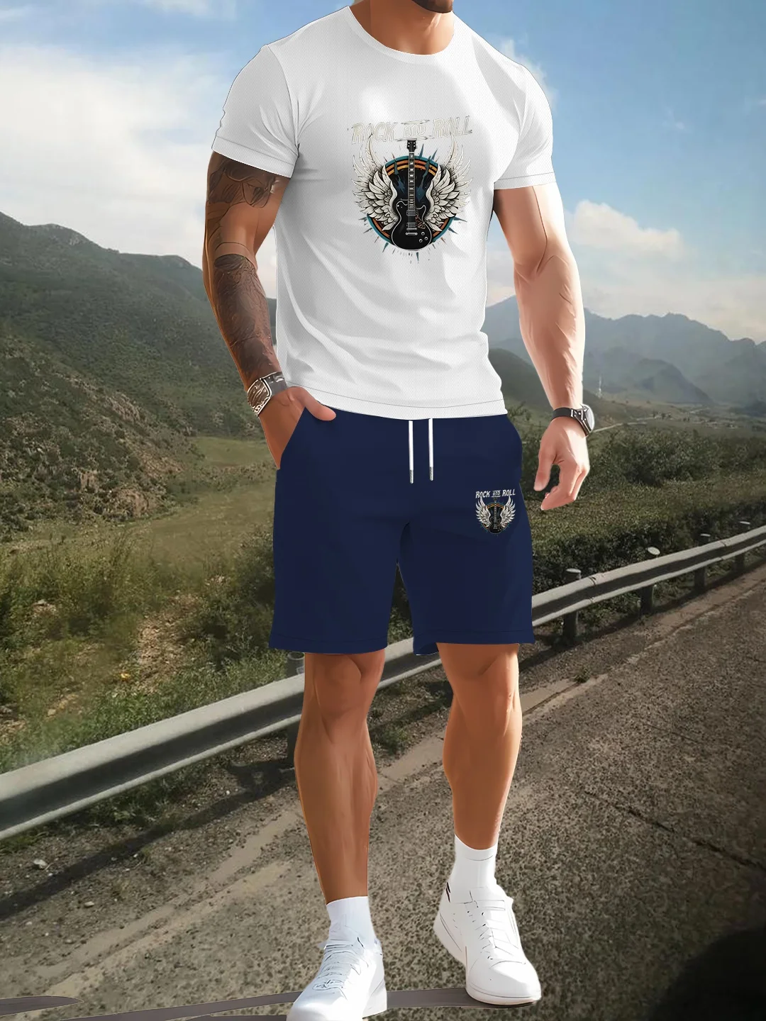 

2025 Summer New Men's Casual Short sleeved T-shirt+Shorts Set Breathable Fashion Printed Sports Machine - Washable Clothing