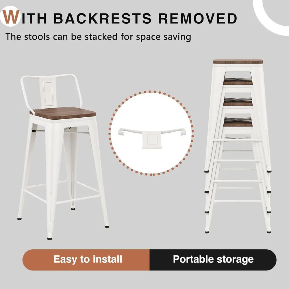 26 Inch Bar Stools Set o 4 Industrial Metal Barstools Counter Height Bar Stool with Backs or Home Kitchen (26 inch, White) view 4