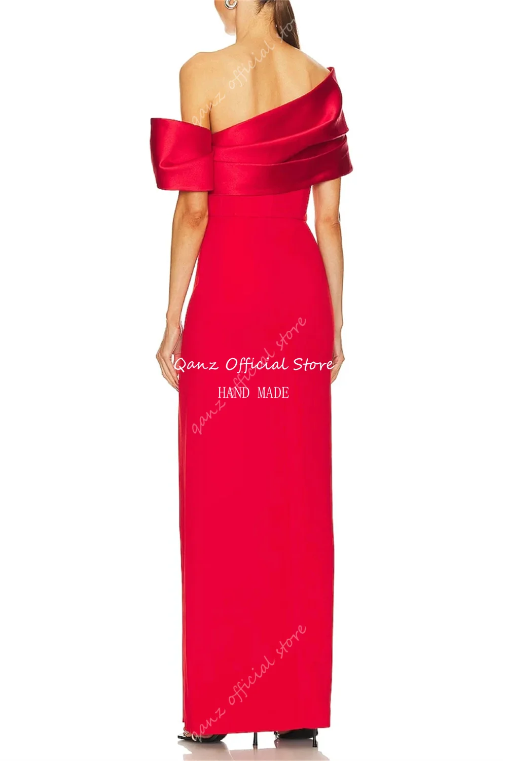 Qanz Vintage One shoulder Red Evening Dresses Mermaid Satin High Leg Slit Abendkleider Dubai Formal Party Gowns Women Customized